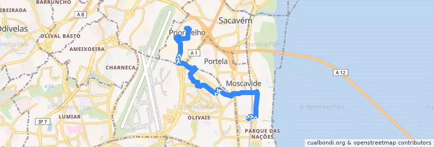 Mapa del recorrido Bus 725: Estação do Oriente (Interface) → Prior Velho de la línea  en Grande Lisboa.