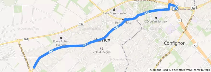 Mapa del recorrido Bus 47: P+R Bernex → Bernex-Vailly de la línea  en Cenevre.