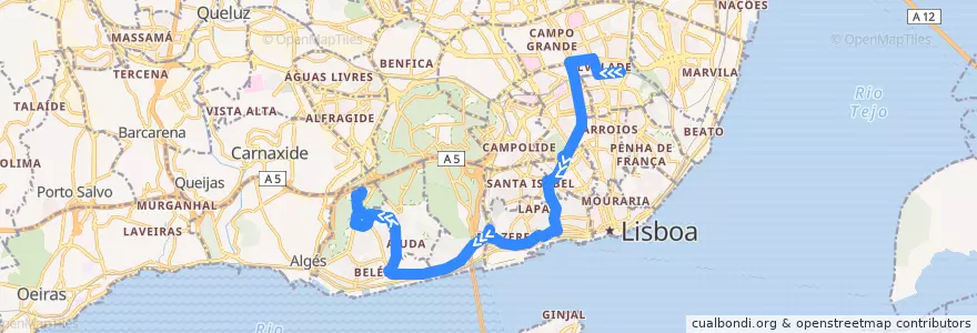 Mapa del recorrido Bus 727: Estação de Roma-Areeiro → Restelo - Avenida das Descobertas de la línea  en Lissabon.