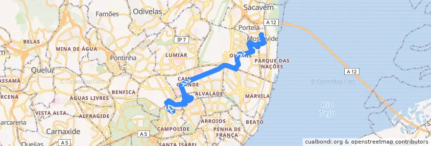 Mapa del recorrido Bus 731: Avenida José Malhoa → Moscavide Centro de la línea  en Lisboa.