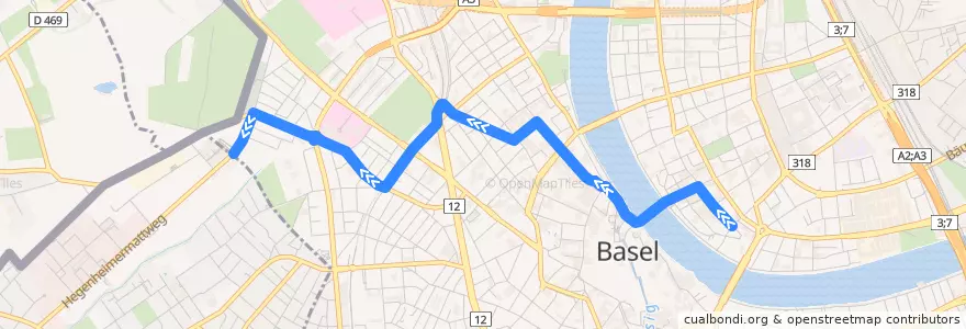 Mapa del recorrido Bus 38: Claraplatz => Bachgraben de la línea  en Basel.