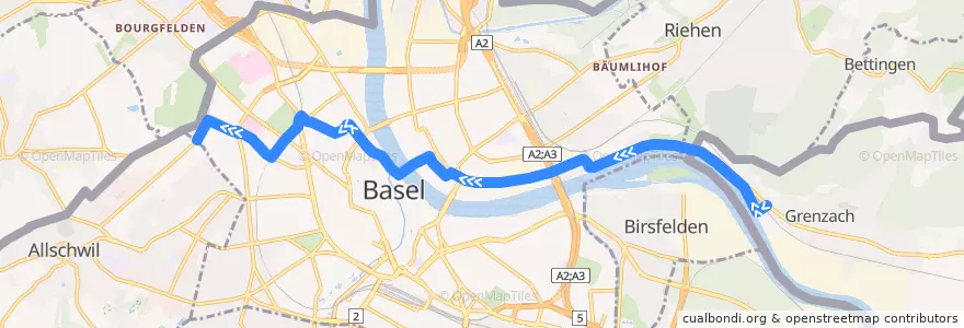 Mapa del recorrido Bus 38: Wyhlen Siedlung => Basel Bachgraben de la línea  en Basilea.