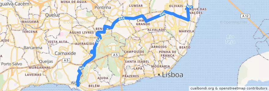 Mapa del recorrido Bus 750: Estação do Oriente (Interface) → Algés de la línea  en Lisbonne.
