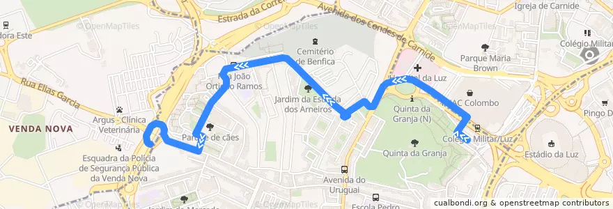 Mapa del recorrido Bus 765: Colégio Militar (Metro) → Portas de Benfica de la línea  en Grande Lisboa.