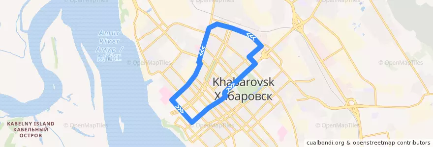 Mapa del recorrido Автобус 61С: Железнодорожный вокзал - Стадион им. Ленина - Главпочтамт - Железнодорожный вокзал de la línea  en ハバロフスク地区.