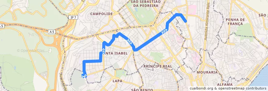 Mapa del recorrido Bus 774: Campo de Ourique (Prazeres) → Gomes Freire de la línea  en Lizbon.