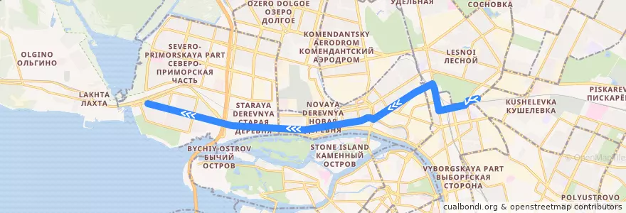 Mapa del recorrido Трамвай № 48: железнодорожная станция «Кушелевка» => Лахтинский разлив de la línea  en Приморский район.