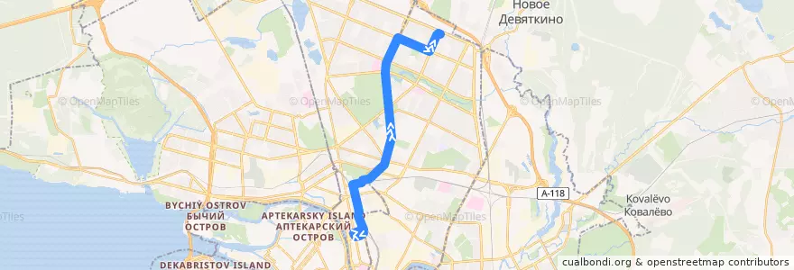 Mapa del recorrido Трамвай № 61: станция метро «Выборгская» → Суздальский проспект de la línea  en Санкт-Петербург.