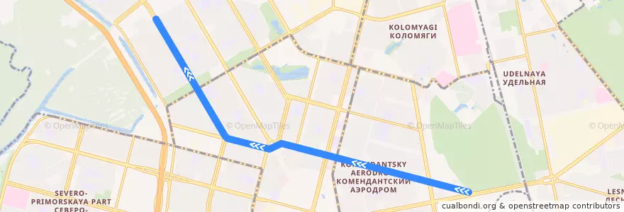 Mapa del recorrido Трамвай № 47: Удельный парк => улица Шаврова de la línea  en Приморский район.