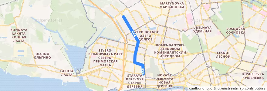 Mapa del recorrido Трамвай № 18: станция метро "Старая Деревня" => улица Шаврова de la línea  en Приморский район.
