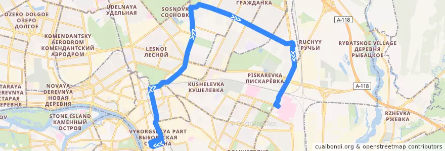 Mapa del recorrido Трамвай № 38: железнодорожная станция "Кушелевка" => проспект Мечникова de la línea  en Калининский район.