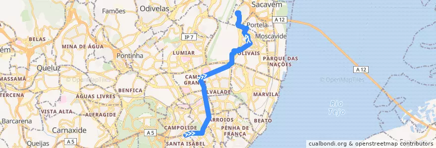 Mapa del recorrido Bus 783: Amoreiras (Centro Comercial) → Prior Velho de la línea  en Lisbona.