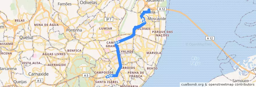 Mapa del recorrido Bus 783: Amoreiras (Centro Comercial) → Portela - Rua Mouzinho de Albuquerque de la línea  en Lisbonne.