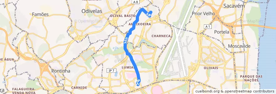 Mapa del recorrido Bus 796: Campo Grande (Metro) → Galinheiras de la línea  en Lisbona.