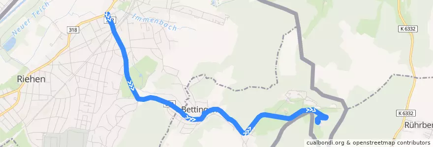 Mapa del recorrido Bus 32: Riehen Bettingerstrasse => Bettingen Chrischonaklinik de la línea  en Bazel-Stad.
