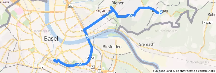Mapa del recorrido Bus 42: Bettingen Dorf => Basel Bahnhof SBB (Direktkurse) de la línea  en Basel-City.