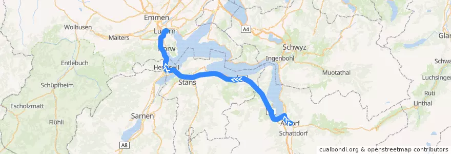 Mapa del recorrido Tellbus: Altdorf UR, Telldenkmal => Luzern, Bahnhof de la línea  en Schweiz/Suisse/Svizzera/Svizra.