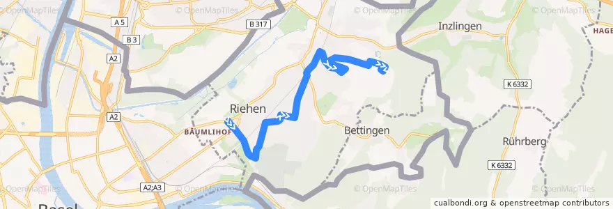 Mapa del recorrido Bus 45: Riehen Habermatten => Riehen Chrischonaweg de la línea  en Riehen.