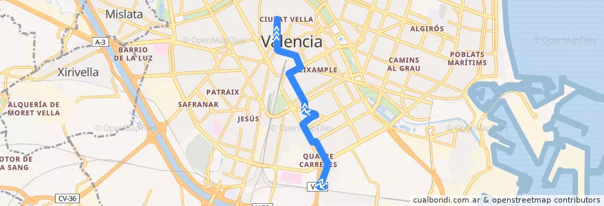 Mapa del recorrido Bus 7: Fta. Sant Lluís => Mercat Central de la línea  en Comarca de València.