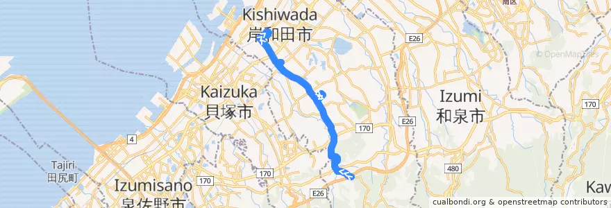 Mapa del recorrido 642: 塔原-岸和田駅前 de la línea  en 岸和田市.