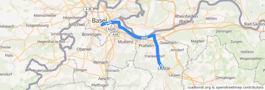 Mapa del recorrido Bus 81: Liestal, Bahnhof => Basel, Aeschenplatz de la línea  en Basilea-Campiña.