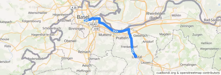 Mapa del recorrido Bus 81: Basel, Aeschenplatz => Liestal, Bahnhof de la línea  en Bâle-Campagne.