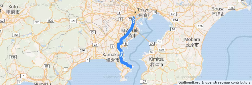 Mapa del recorrido 京浜急行電鉄本線 de la línea  en ژاپن.