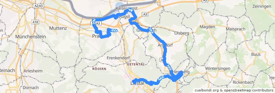 Mapa del recorrido Bus 83: Pratteln, Rankacker => Liestal, Bahnhof de la línea  en Bezirk Liestal.