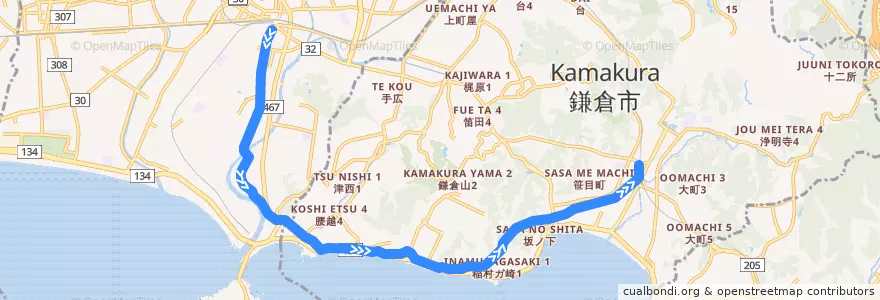 Mapa del recorrido 江ノ島電鉄 de la línea  en 神奈川県.