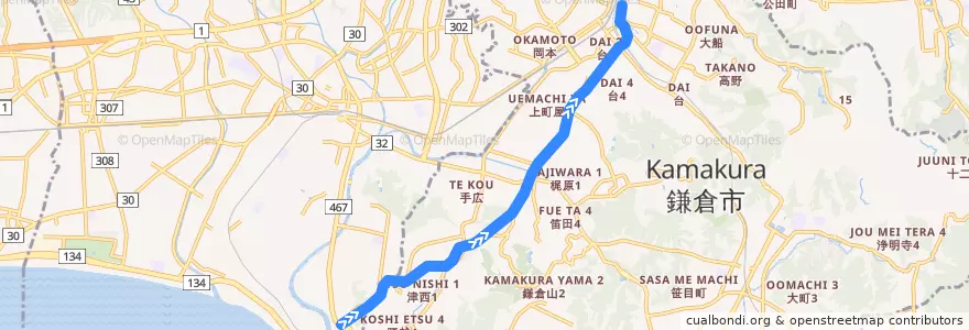 Mapa del recorrido 湘南モノレール de la línea  en 鎌倉市.