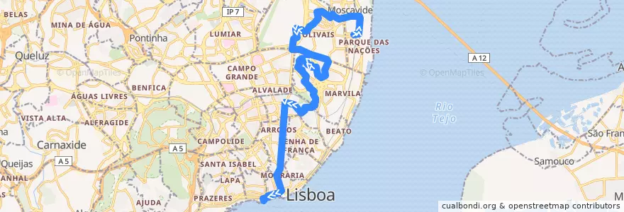 Mapa del recorrido Bus 208: Estação do Oriente → Cais do Sodré de la línea  en Lizbon.