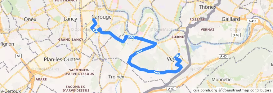 Mapa del recorrido Bus 41: Petit-Veyrier → Carouge-Tours de la línea  en Ginebra.