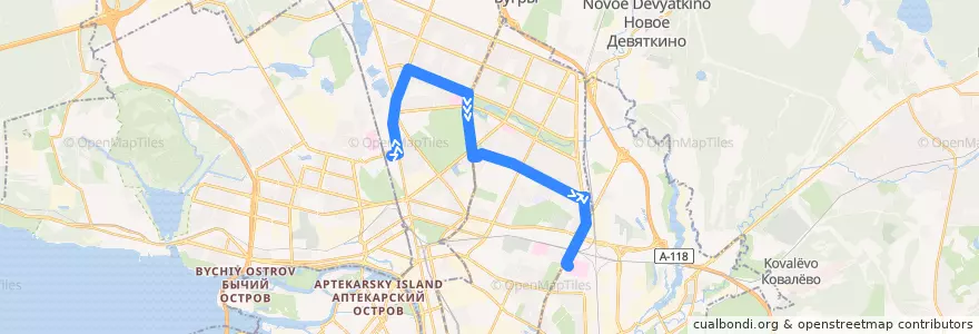 Mapa del recorrido Трамвай № 9: станция метро "Удельная" => проспект Мечникова de la línea  en San Petersburgo.