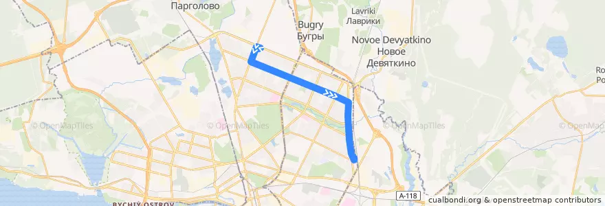 Mapa del recorrido Трамвай № 100: Придорожная аллея - Станция Ручьи de la línea  en Санкт-Петербург.