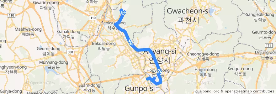 Mapa del recorrido 안양 버스 6-2 → 금정역 de la línea  en 안양시.