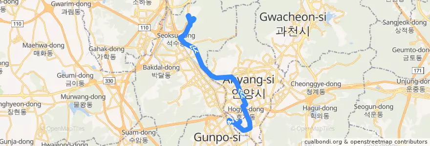 Mapa del recorrido 안양 버스 6-2 → 경인교육대 de la línea  en 안양시.