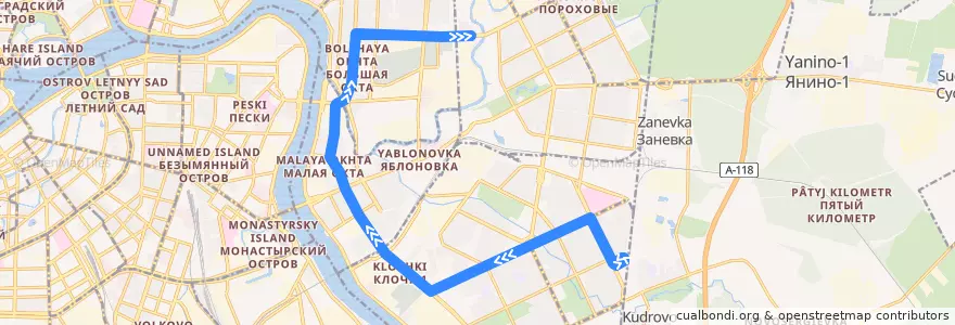 Mapa del recorrido Трамвай № 10: проспект Солидарности => Бокситогорская улица de la línea  en San Pietroburgo.