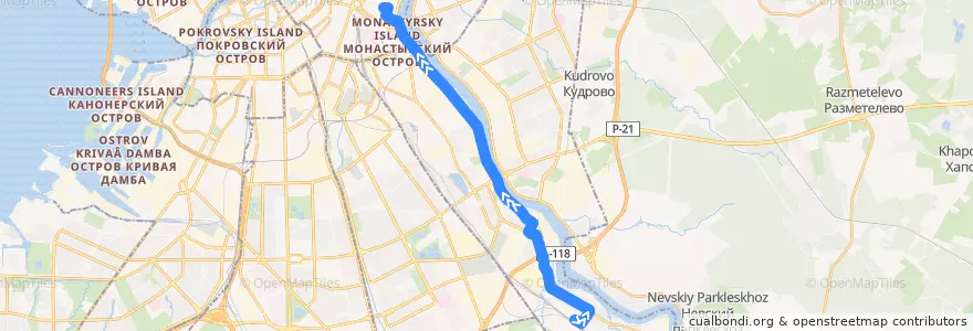 Mapa del recorrido Трамвай № 24: станция метро "Рыбацкое" => Перекупной переулок de la línea  en Невский район.