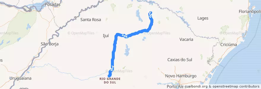 Mapa del recorrido Erechim → Santa Maria via BR-285 de la línea  en Rio Grande do Sul.