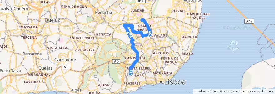 Mapa del recorrido Bus 701: Campo de Ourique (Prazeres) → Campo Grande (Metro) de la línea  en Lisbon.
