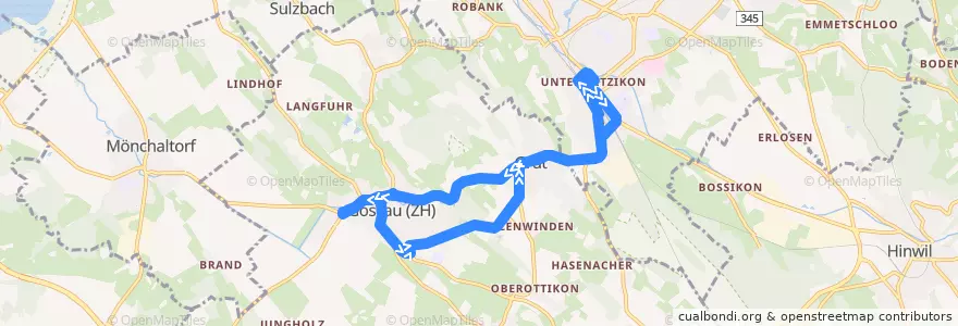 Mapa del recorrido Bus 862: Rundkurs Wetzikon ZH => Gossau ZH (via Unterhofen) de la línea  en Bezirk Hinwil.
