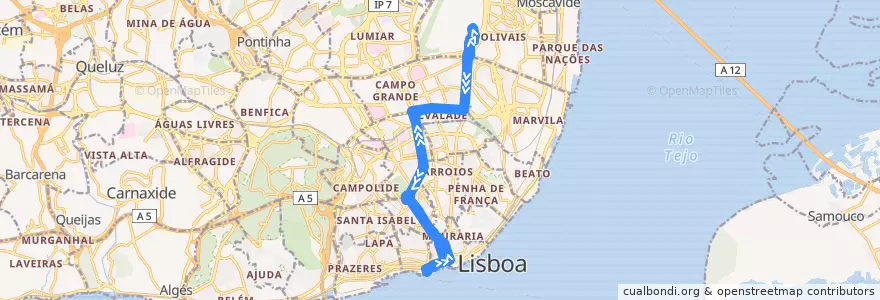 Mapa del recorrido AeroBus 1 de la línea  en Lissabon.