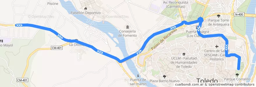 Mapa del recorrido Línea 72: Zocodover → Olivilla → Carretera Navalpino de la línea  en Toledo.