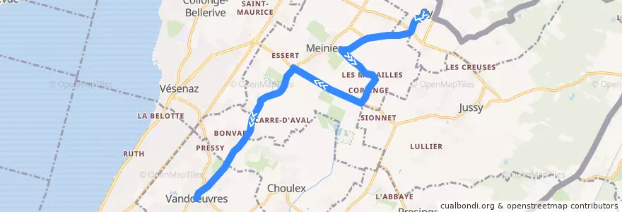 Mapa del recorrido Bus A: Gy → Vandoeuvres de la línea  en Cenevre.