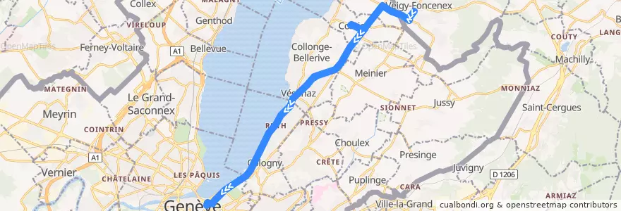 Mapa del recorrido Bus G: Veigy-Village → Rive de la línea  en ژنو.