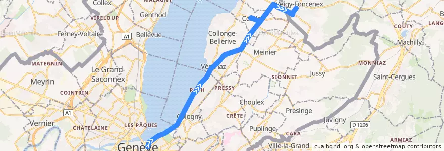 Mapa del recorrido Bus G: Rive → Veigy-Village de la línea  en ژنو.
