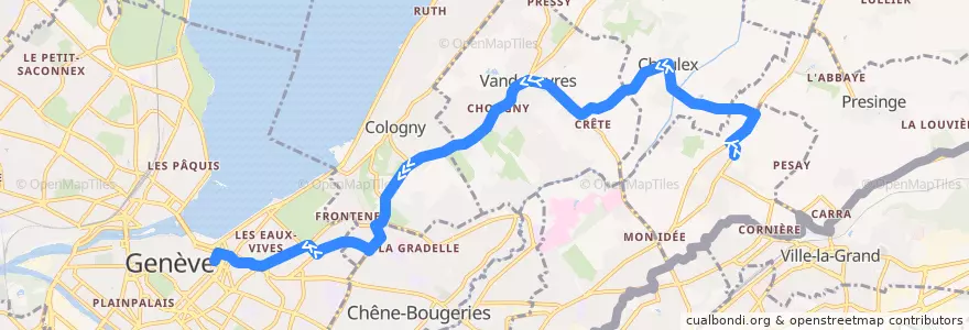 Mapa del recorrido Bus 33: Puplinge → Rive de la línea  en Geneva.