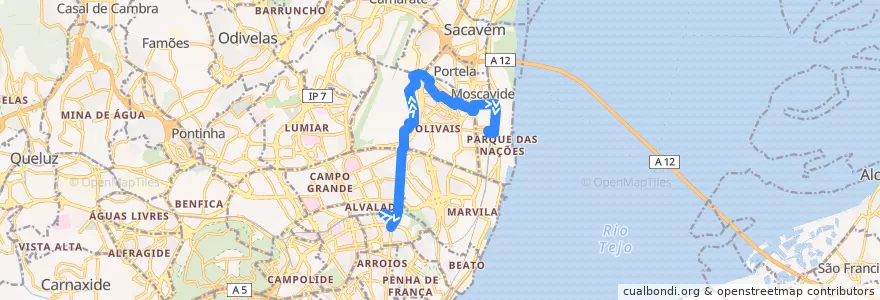Mapa del recorrido Bus 705: Estação de Roma-Areeiro → Estação do Oriente (Interface) de la línea  en Lizbon.