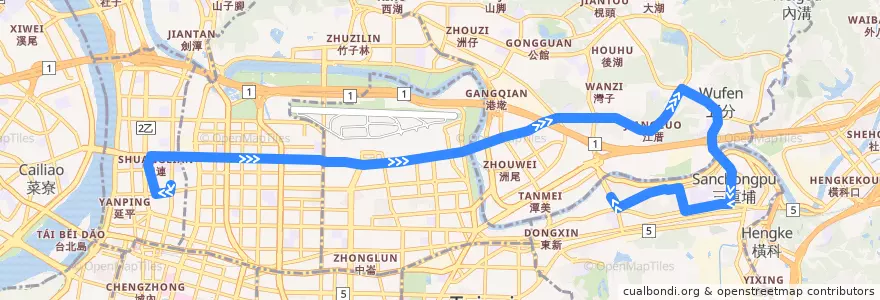 Mapa del recorrido 臺北市 民權幹線 臺北橋->南港 de la línea  en تایپه.