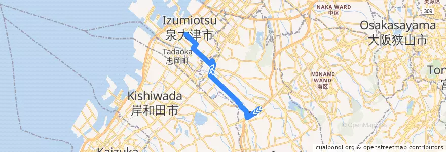Mapa del recorrido 344: 和泉中央駅-泉大津駅前 de la línea  en 大阪府.